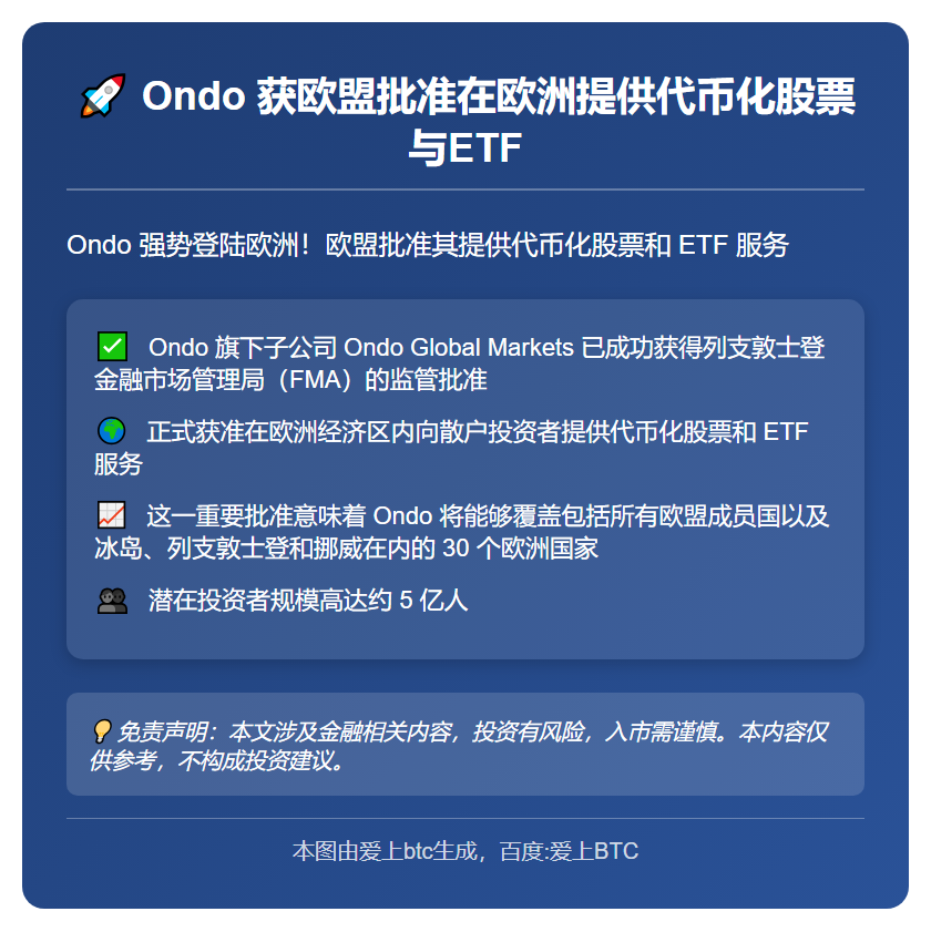 Ondo 获欧盟批准在欧洲提供代币化股票与ETF