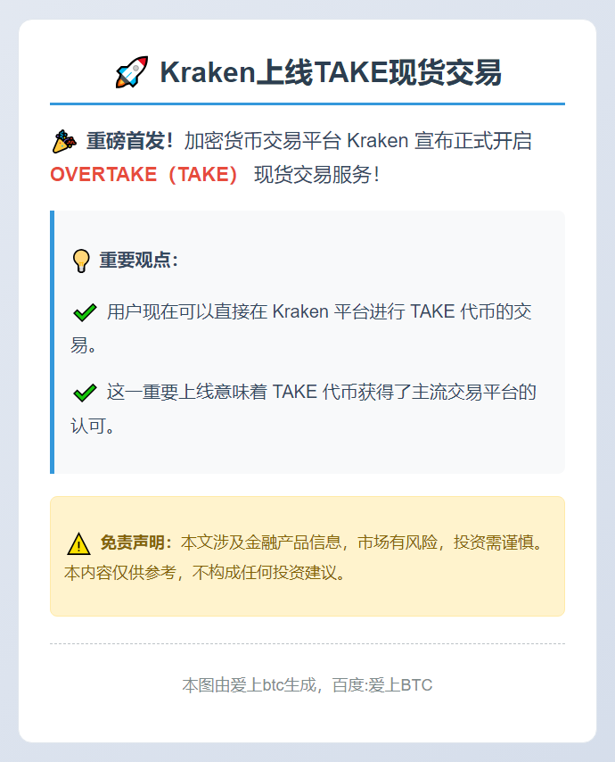 Kraken上线TAKE现货交易