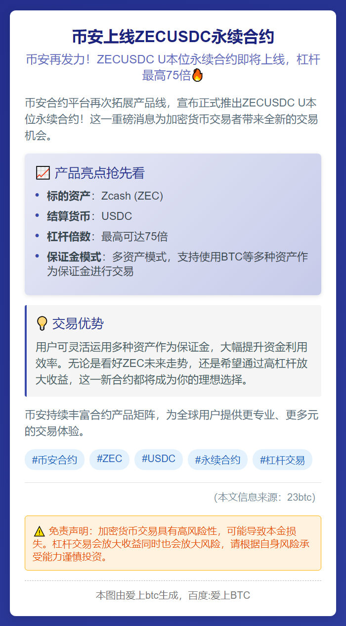 币安上线ZECUSDC永续合约