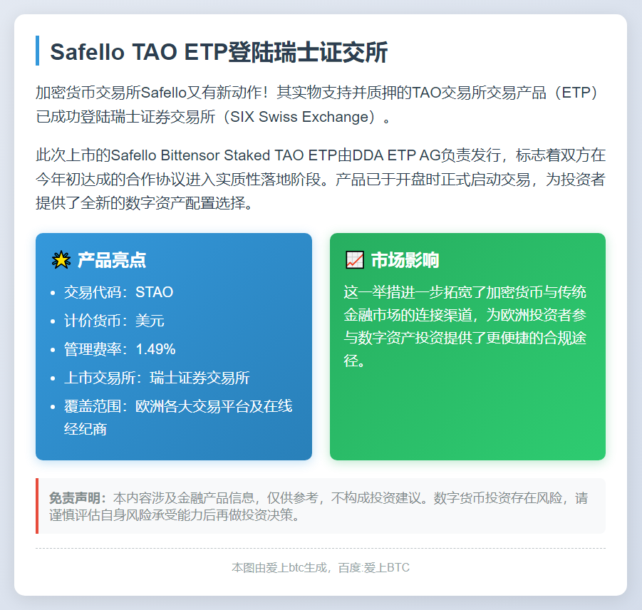 Safello TAO ETP登陆瑞士证交所
