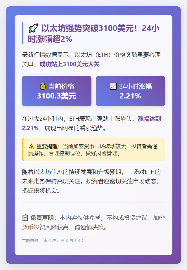ETH突破3100美元