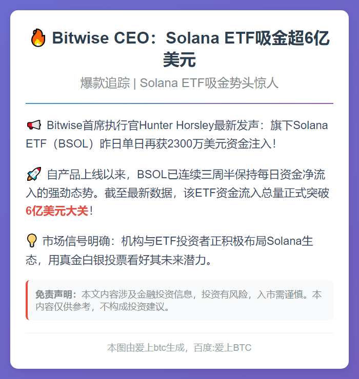 Bitwise CEO：Solana ETF吸金超6亿美元