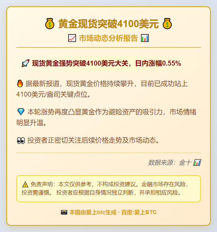 黄金现货突破4100美元