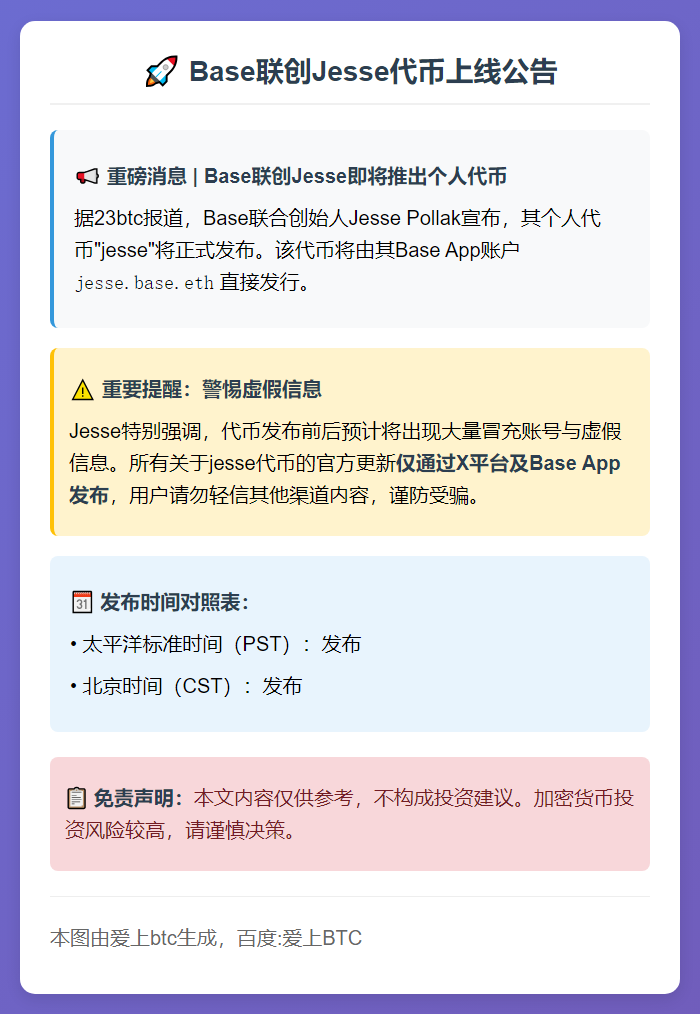 Base联创Jesse代币11月21日1时上线