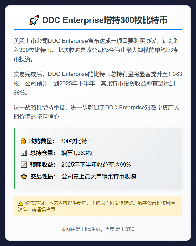 DDC Enterprise增持300枚比特币