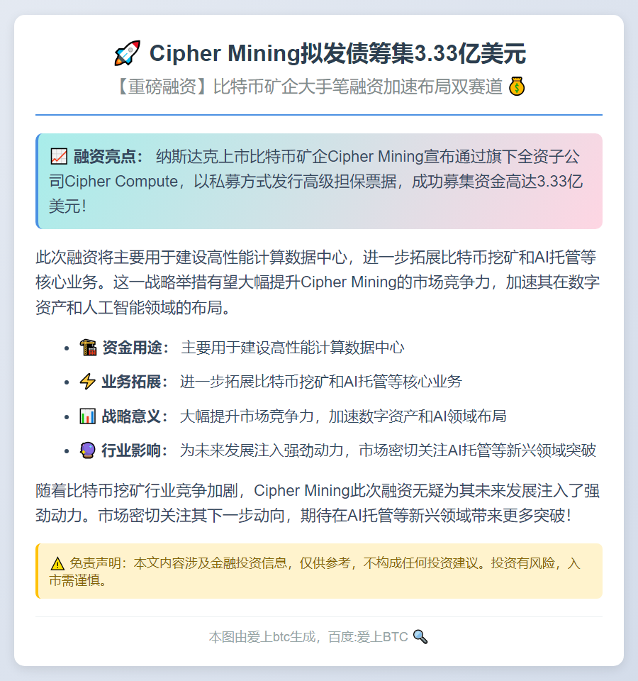 Cipher Mining拟发债筹集3.33亿美元