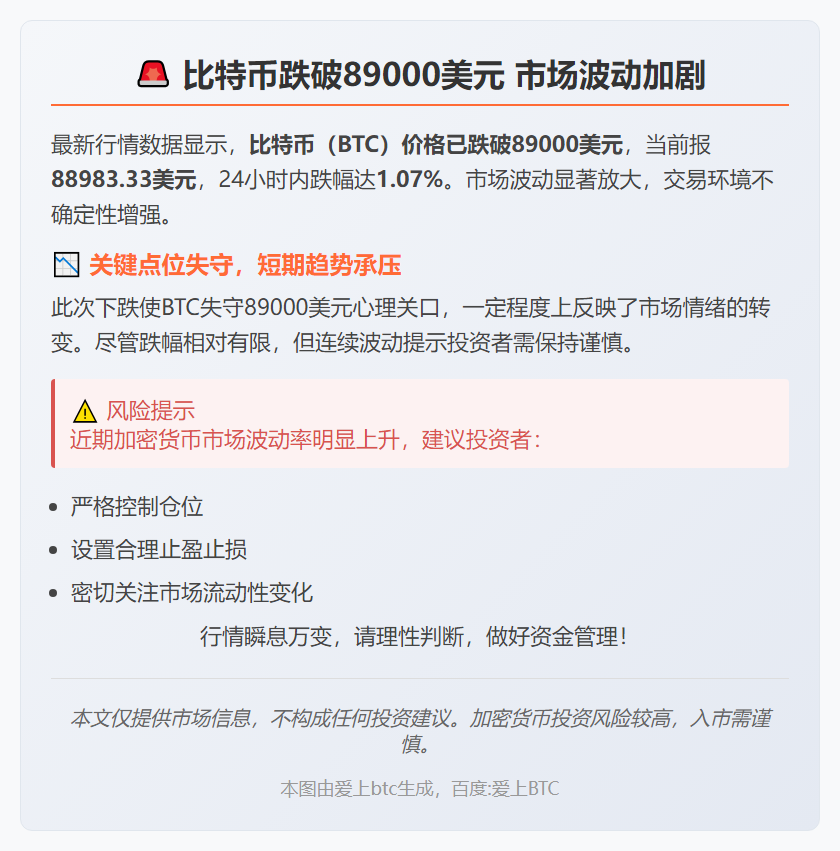 BTC跌穿89000美元
