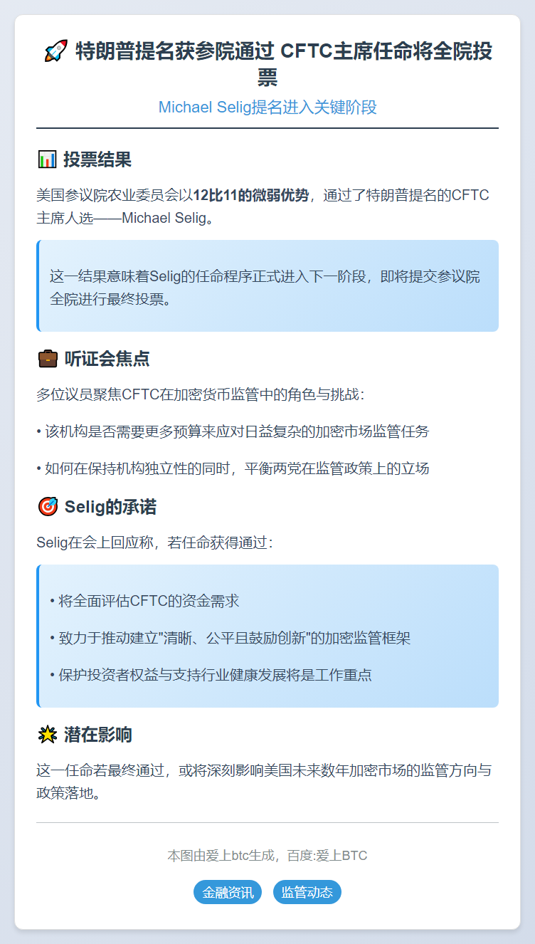 特朗普提名获参院通过 CFTC主席任命将全院投票
