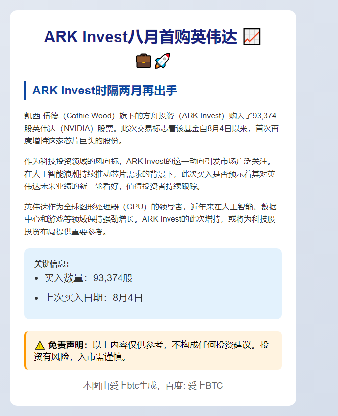 Ark Invest八月首购英伟达