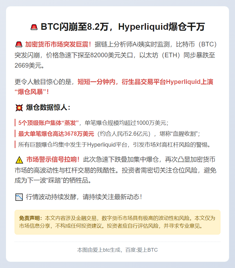 BTC闪崩至8.2万，Hyperliquid爆仓千万