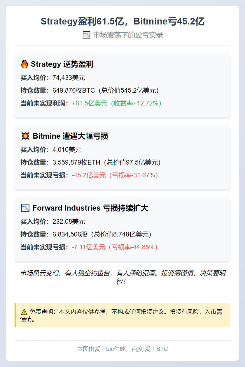 Strategy盈利61.5亿，Bitmine亏45.2亿