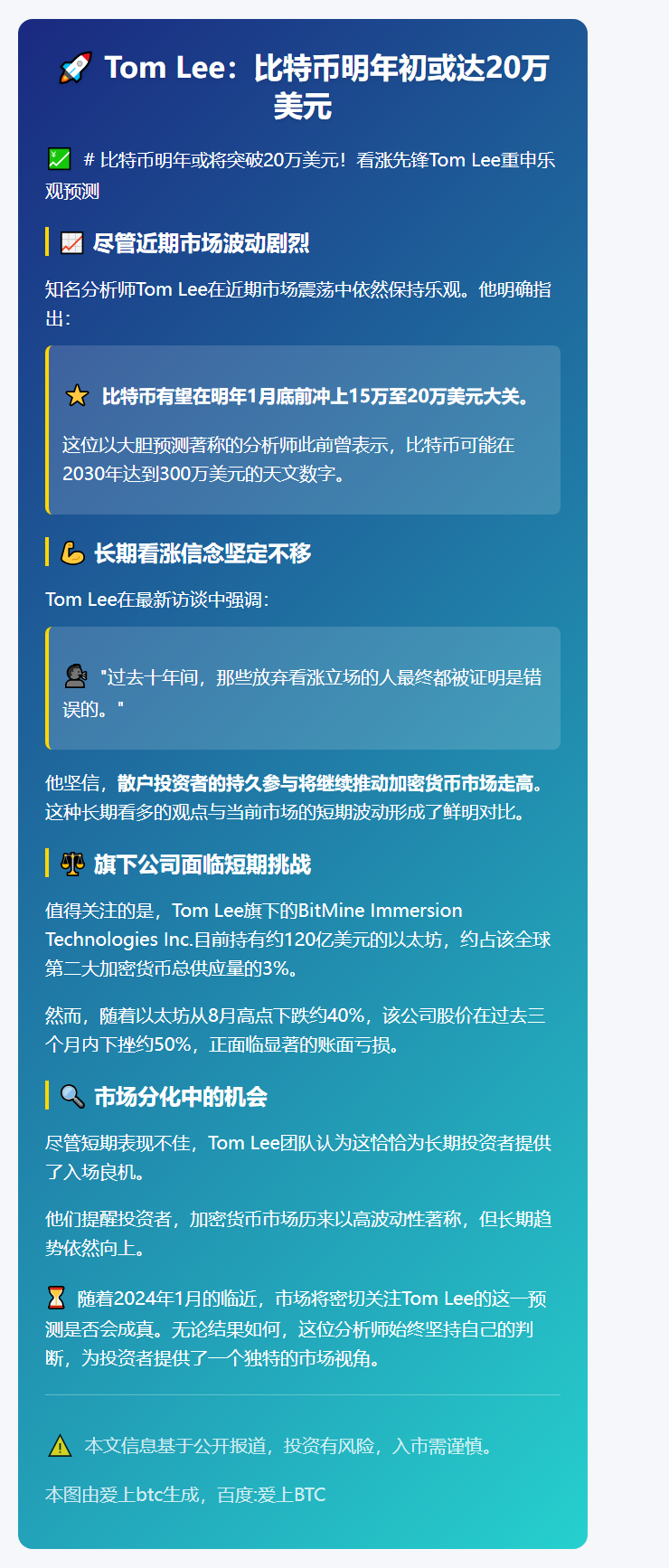 Tom Lee：比特币明年初或达20万美元