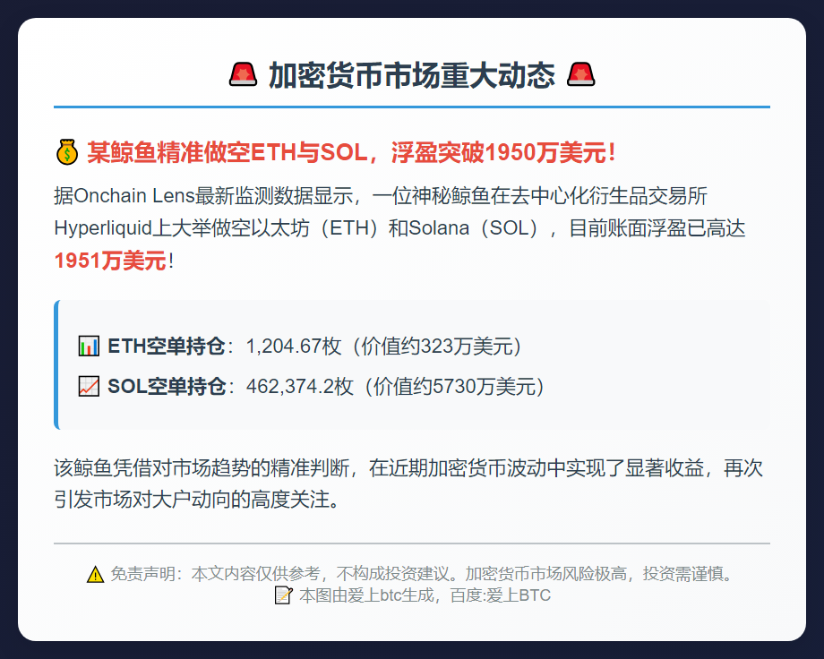 ETH、SOL空单浮盈近2000万美元