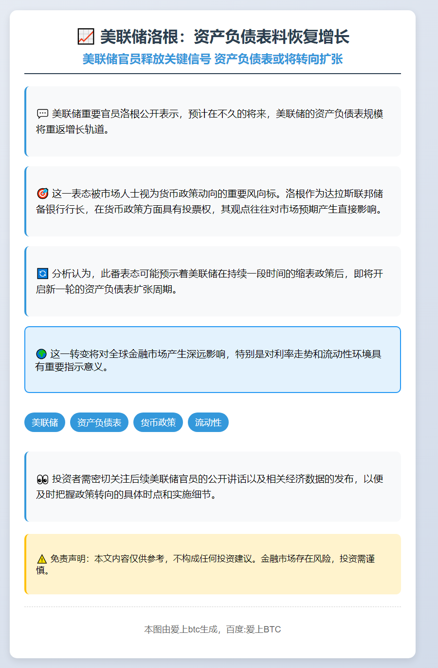 美联储洛根：资产负债表料恢复增长