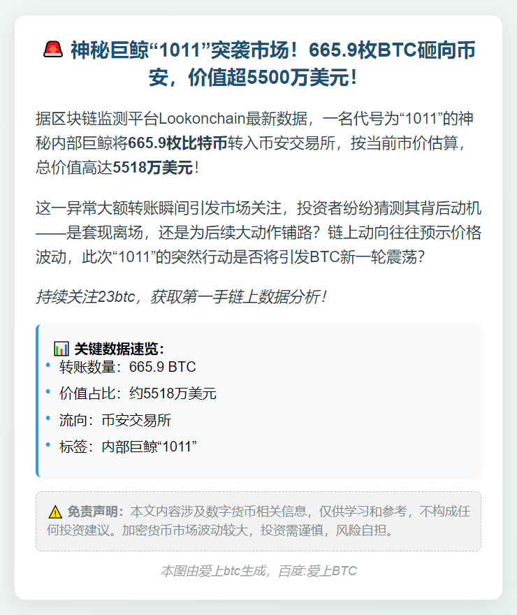 巨鲸向币安转移665.9枚BTC