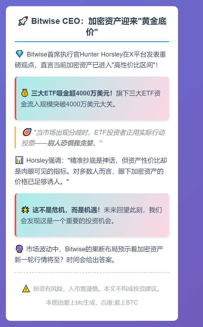 Bitwise CEO：当前加密资产很便宜，计划加仓超400