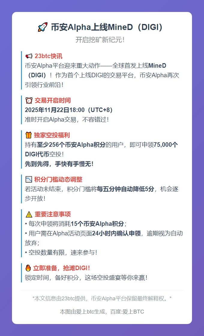 币安Alpha上线MineD（DIGI）
