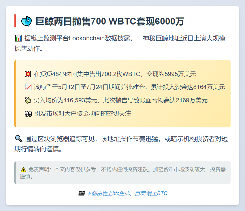 巨鲸两日抛售700 WBTC套现6000万