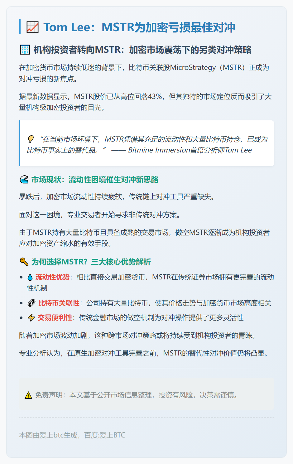 Tom Lee：MSTR为加密亏损最佳对冲
