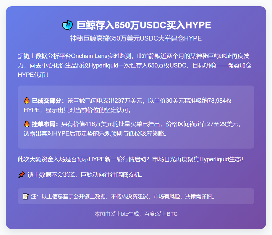 巨鲸存入650万USDC买入HYPE