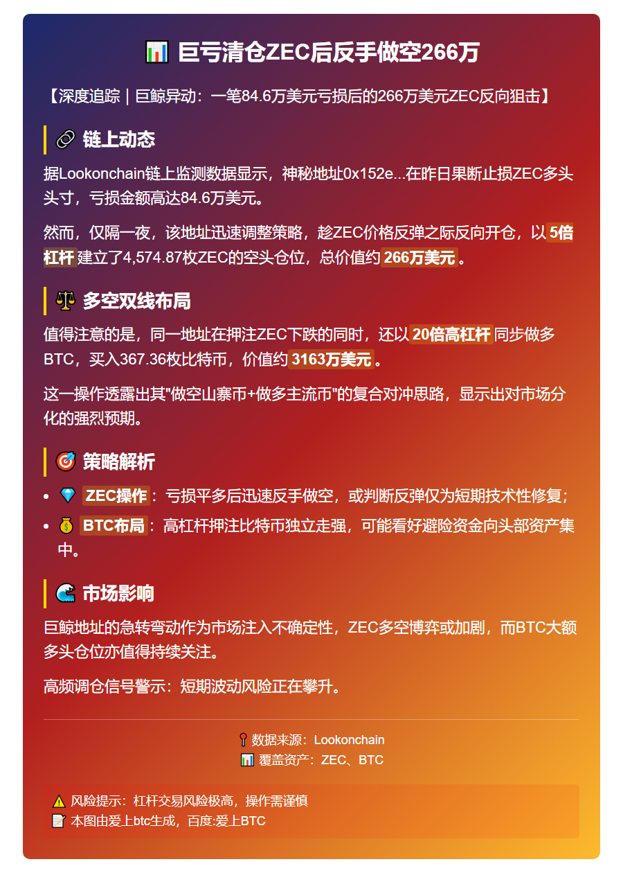 巨亏清仓ZEC后反手做空266万