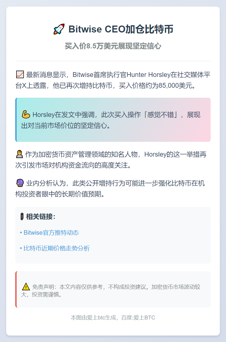 Bitwise CEO加仓比特币 买入价8.5万美元