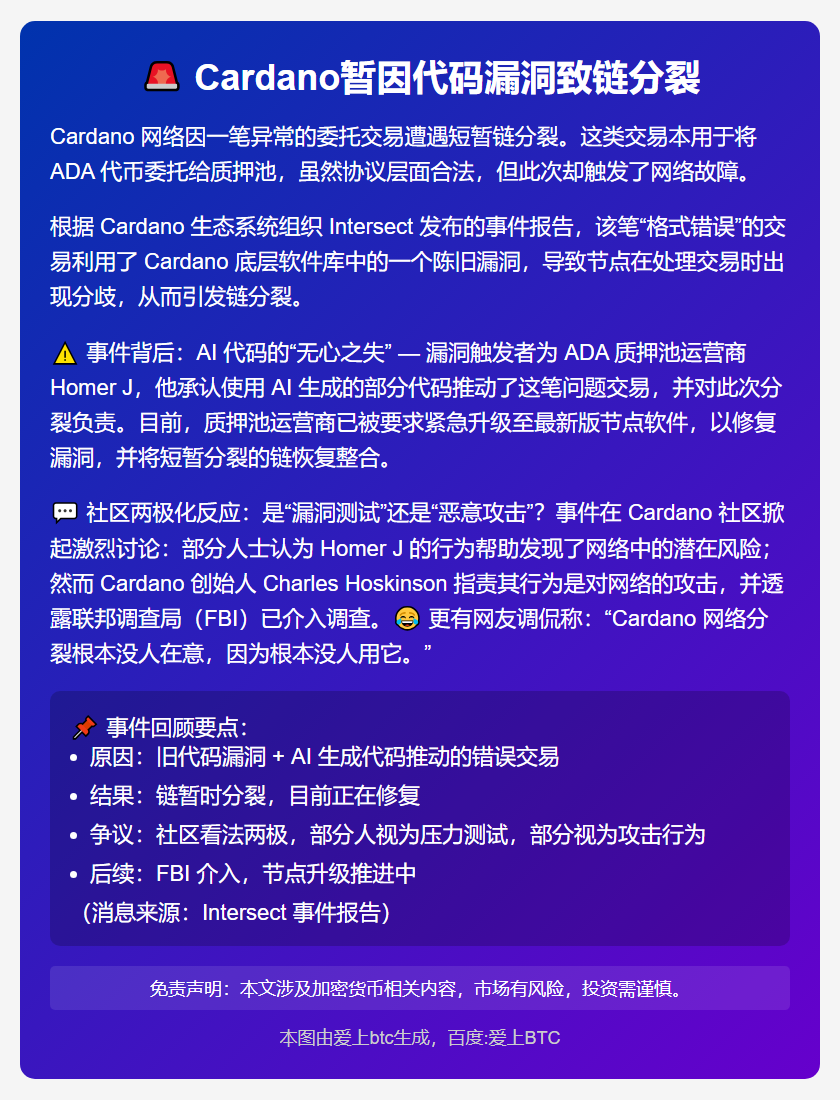 Cardano暂因代码漏洞致链分裂