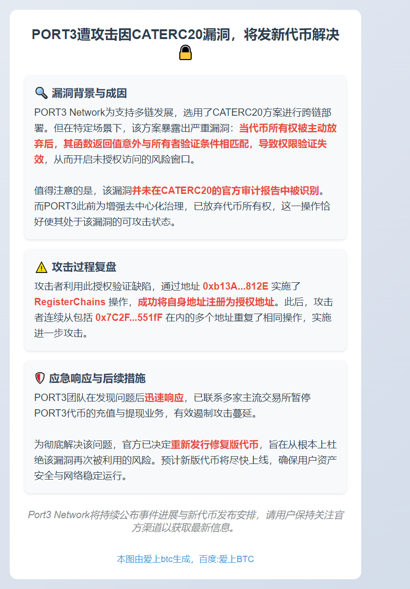 PORT3遭攻击因CATERC20漏洞，将发新代币解决