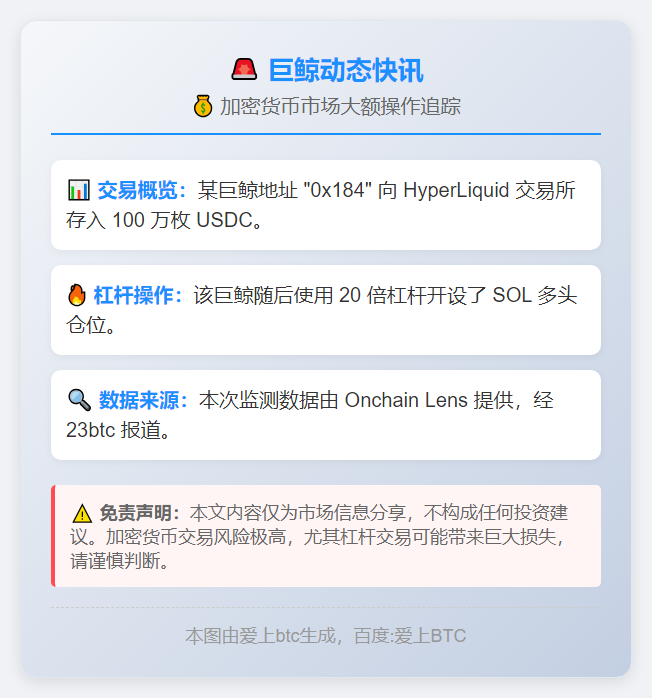 某巨鲸向 HyperLiquid 存入 100 万枚 USDC，并 20 倍杠杆做多 SOL