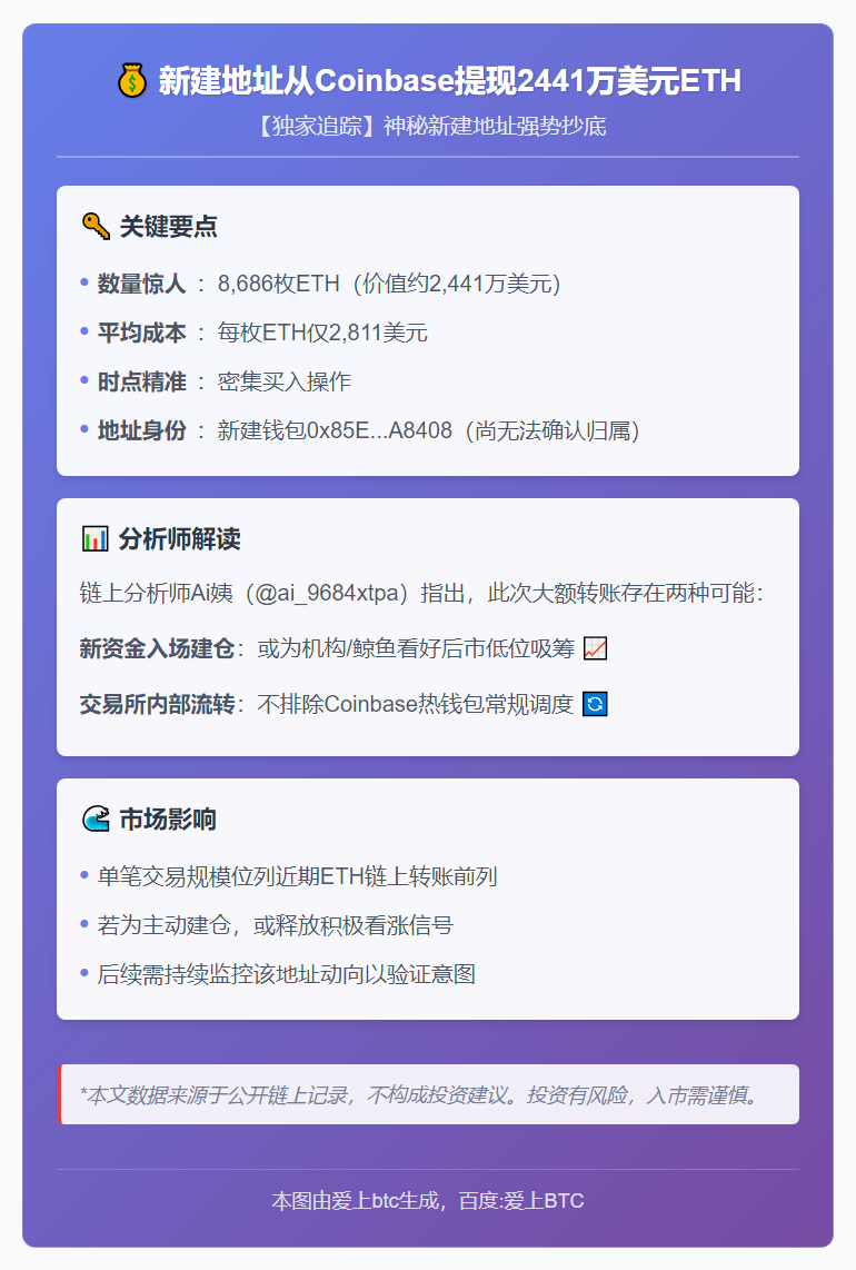 新建地址从Coinbase提现2441万美元ETH