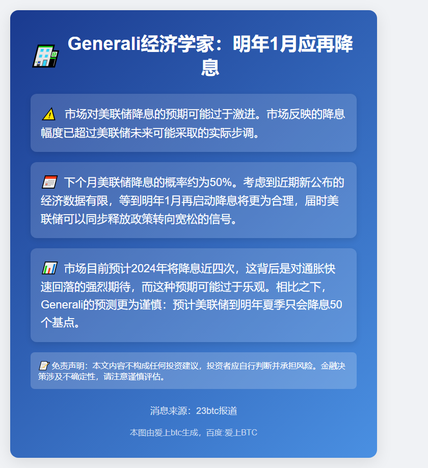 Generali经济学家：明年1月应再降息