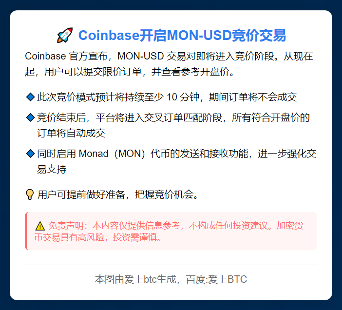 Coinbase开启MON-USD竞价交易