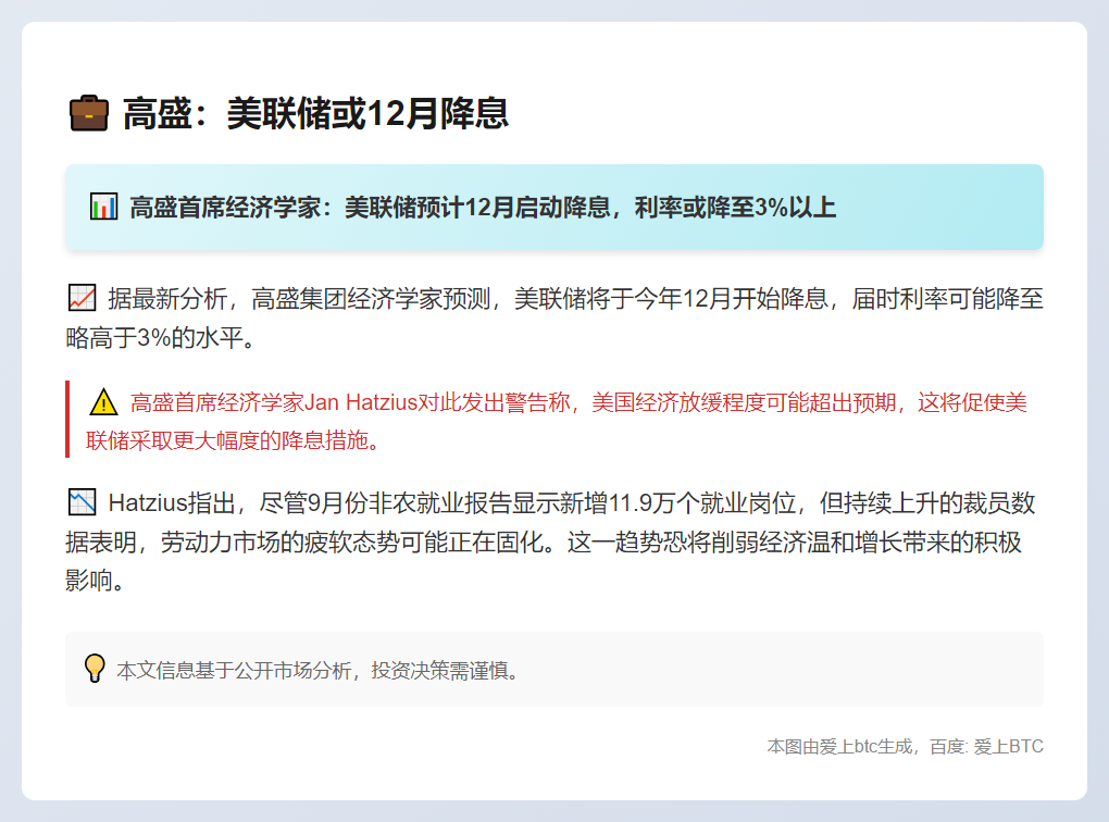 高盛：美联储或12月降息