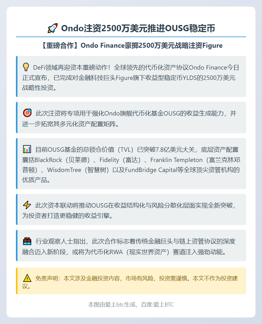 Ondo注资2500万美元推进OUSG稳定币