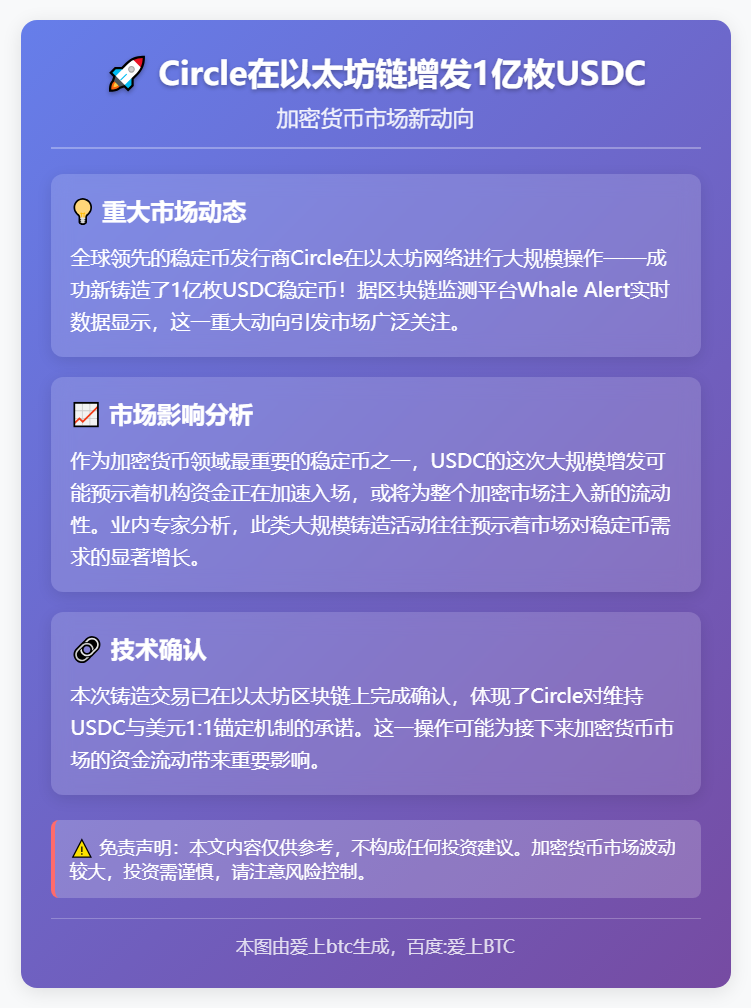 Circle在以太坊链增发1亿枚USDC