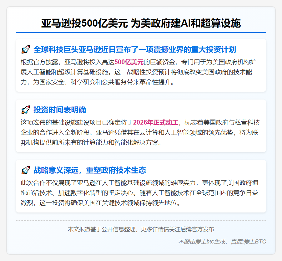 亚马逊投500亿美元 为美政府建AI和超算设施