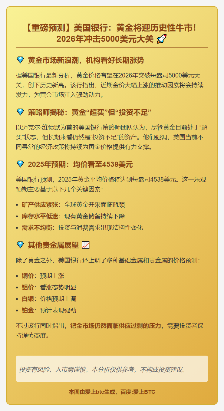 美银：2026年金价或达5000美元