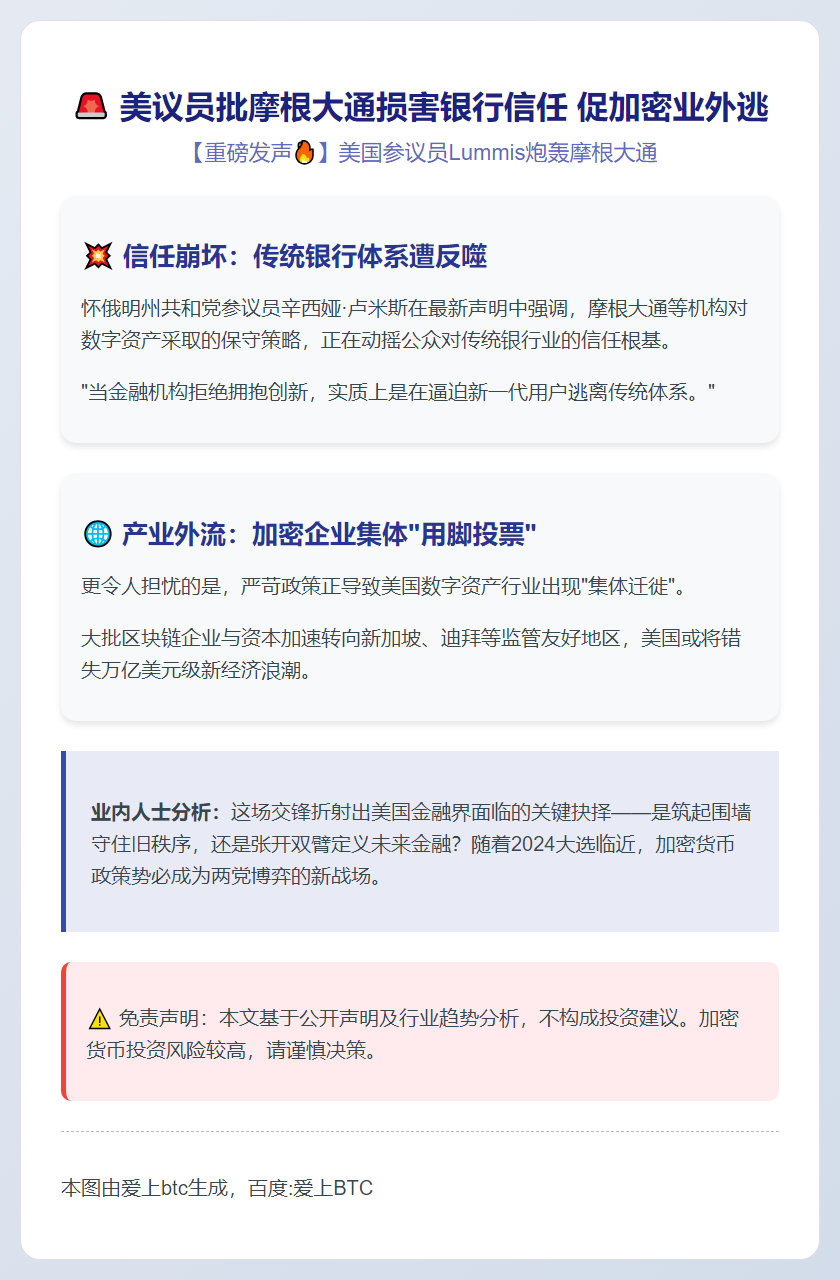 美议员批摩根大通损害银行信任 促加密业外逃