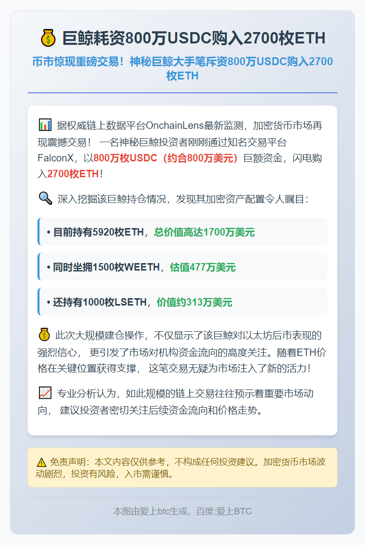 巨鲸耗资800万USDC购入2700枚ETH