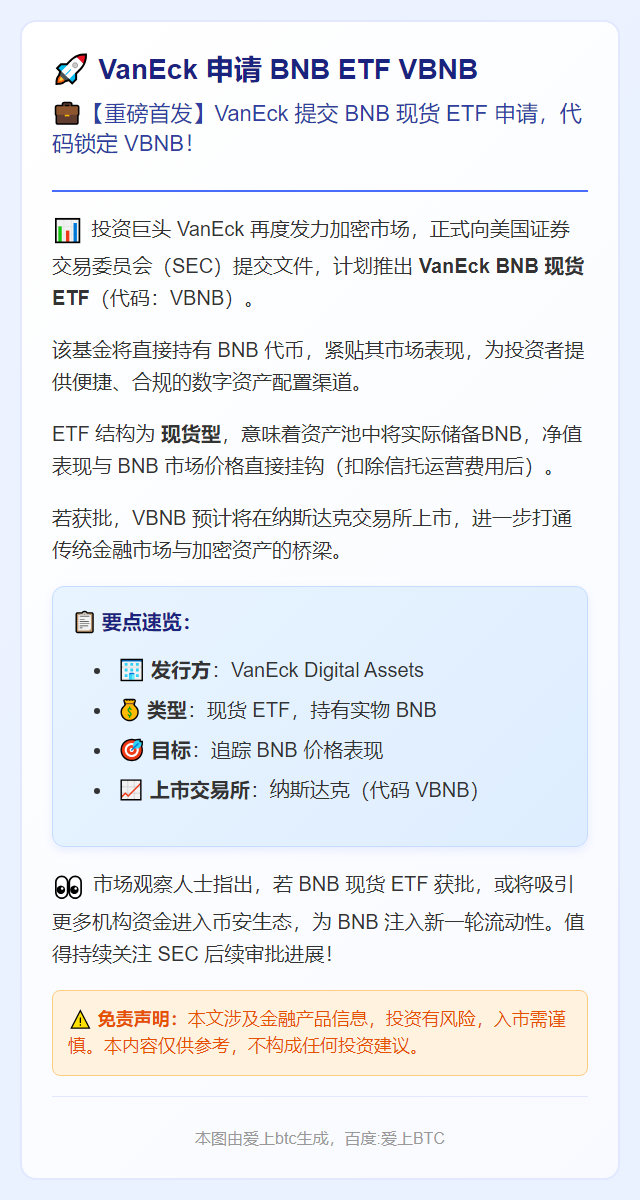 VanEck 申请 BNB ETF VBNB