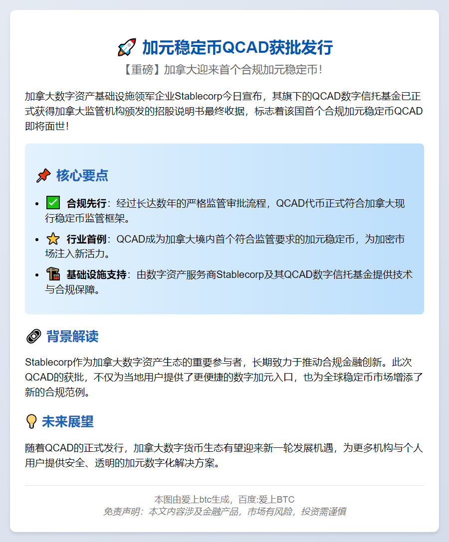加元稳定币QCAD获批发行