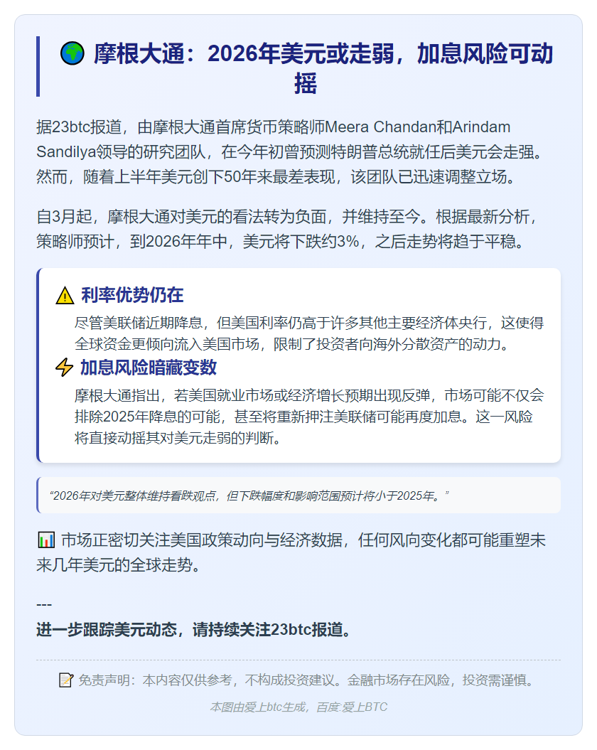 摩根大通：2026年美元或走弱，加息风险可动摇
