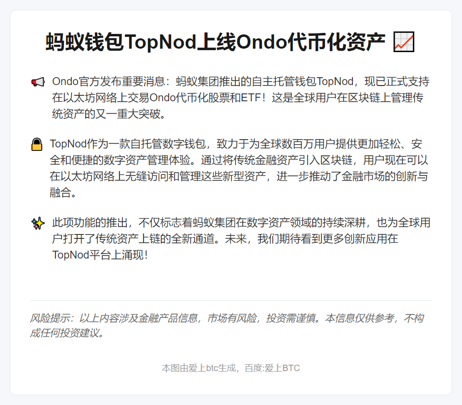 蚂蚁钱包TopNod上线Ondo代币化资产