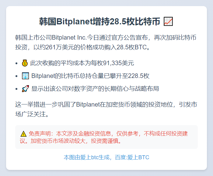 韩国Bitplanet增持28.5枚比特币