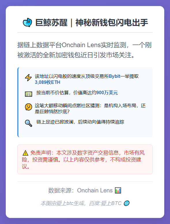 新钱包从Bybit转出3,089枚ETH 价值900万美元