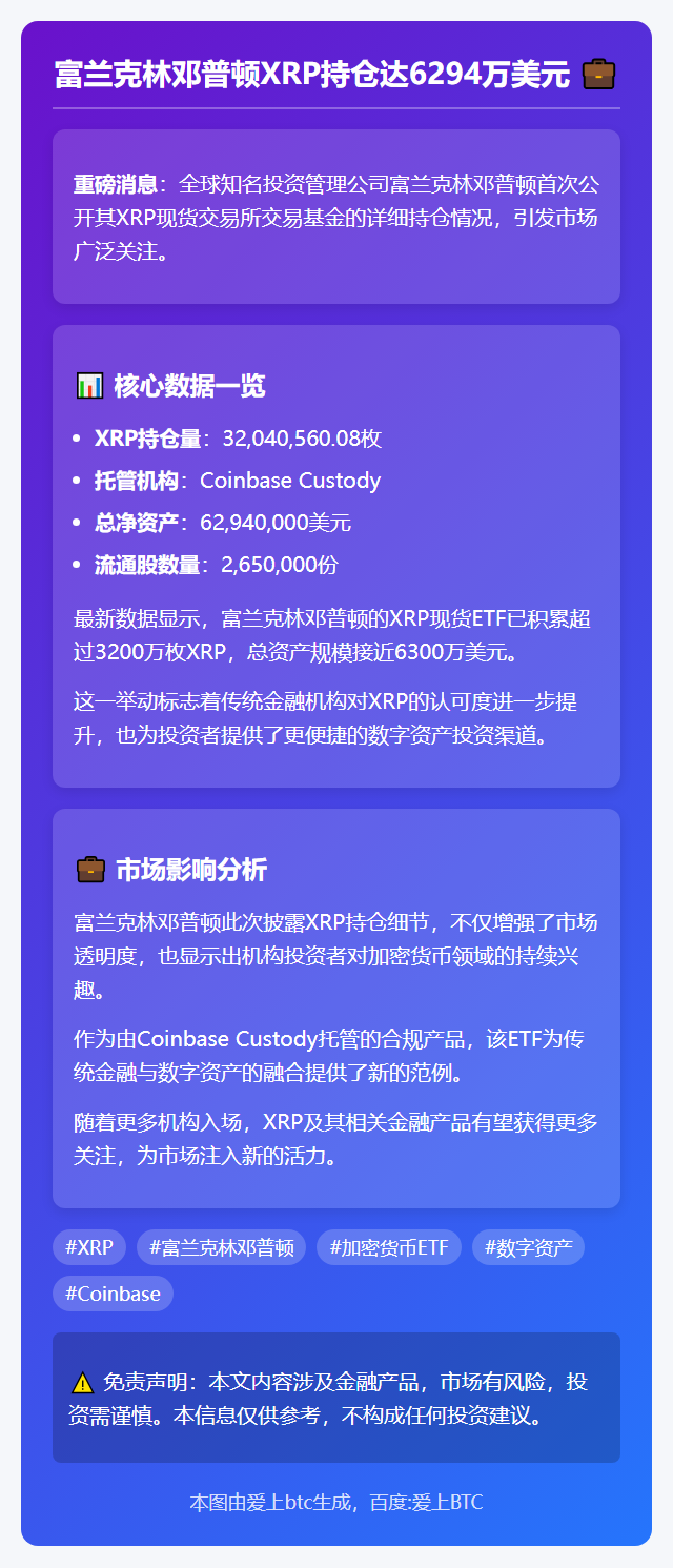 富兰克林邓普顿XRP持仓达6294万美元