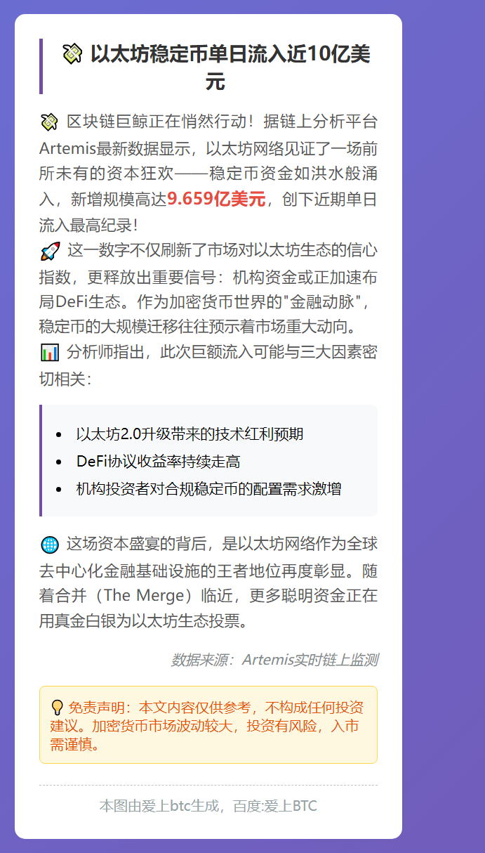 以太坊稳定币单日流入近10亿美元