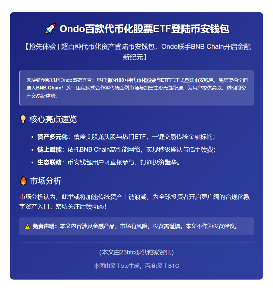 Ondo百款代币化股票ETF登陆币安钱包