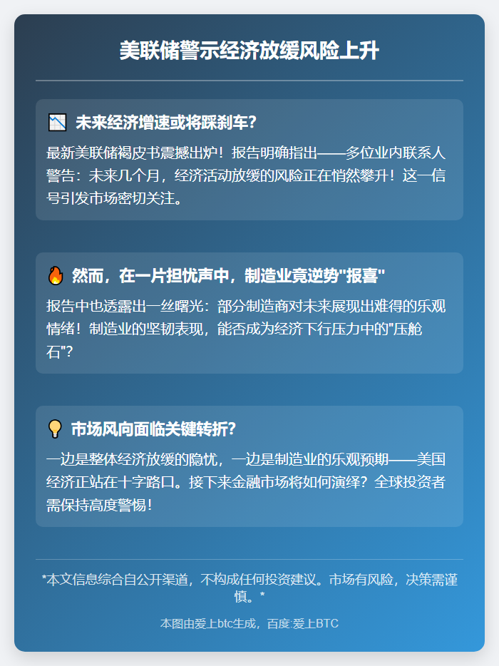 美联储警示经济放缓风险上升