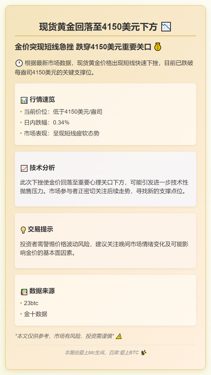现货黄金回落至4150美元下方